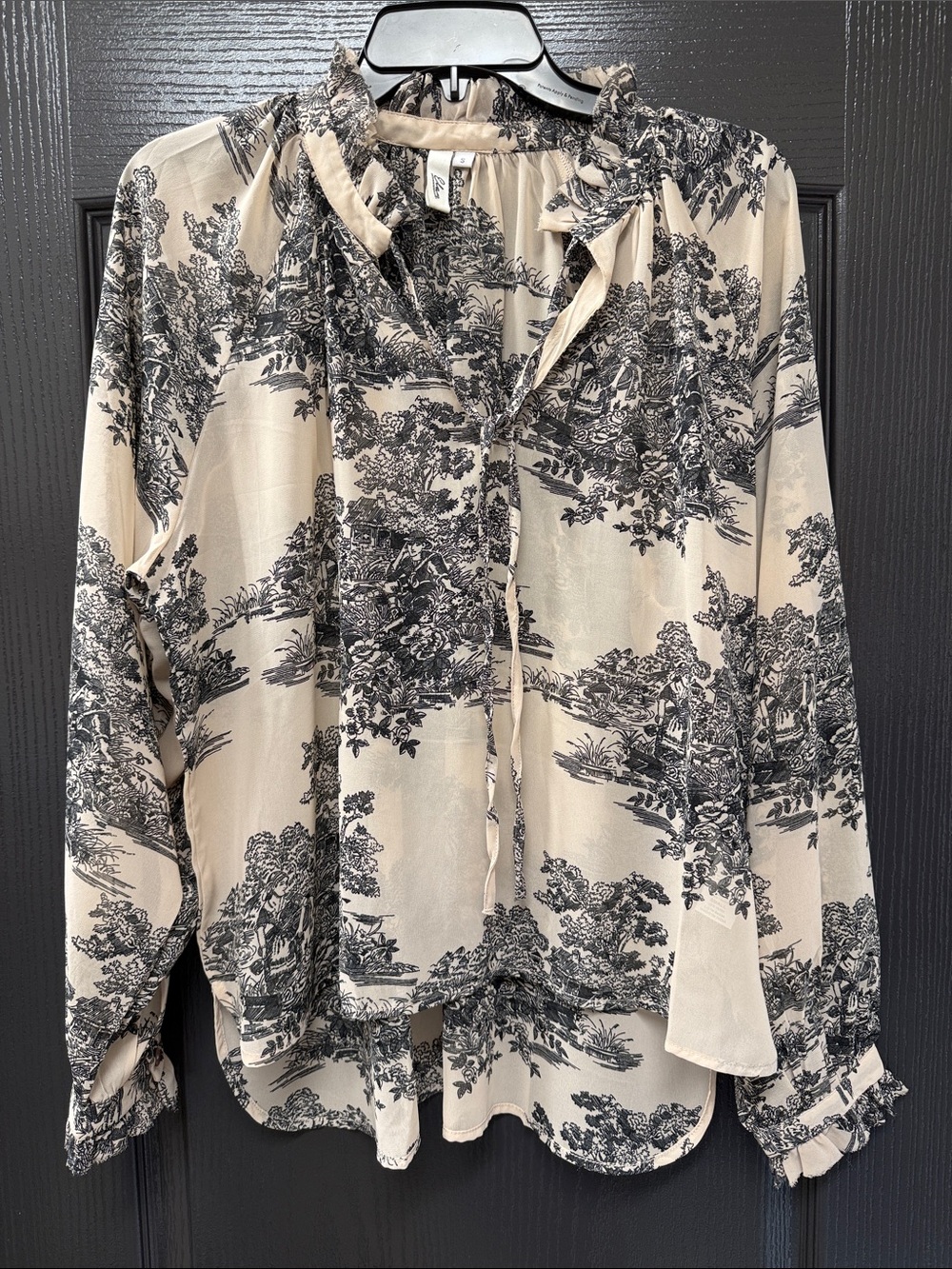 NWOT Elan Tan and Black Vintage Toile Print Blouse with Tie Size S